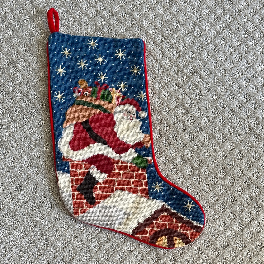 Hand needlepointed Christmas stocking